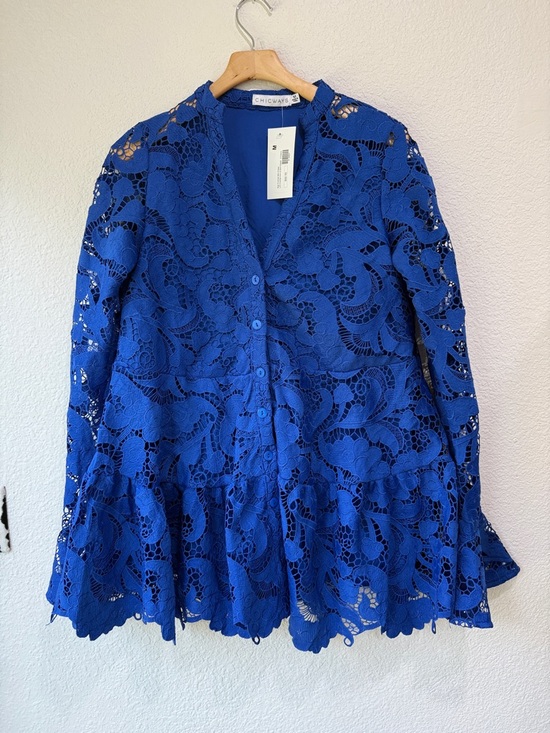Chicways Dresses & Skirts - Chicways Cobalt Blue Crochet Flared Sleeve Mini Dress Sz M Beach Resortwear Boho